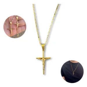 Colar Corrente Crucifixo 60cm Aço Inox 316l Folheado A Ouro
