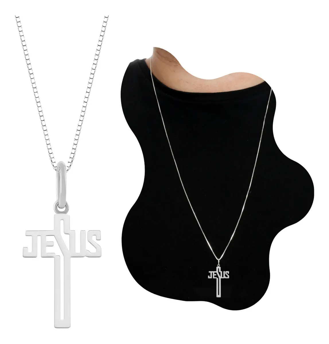 Colar Masculino Prata 925 Cruz Jesus Premium Prateado