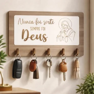 Porta Chaves Decorativo Para Parede 05 Ganchos Mdf Deus Capuccino