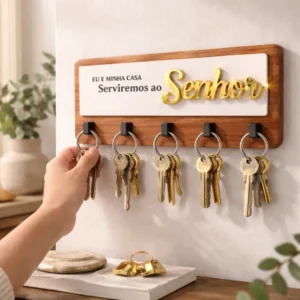 Porta Chaves Parede Mdf Com Frase Religiosa Acrílico Espelho