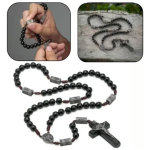 Terço Católico Mistérios Rosário Madeira Preto 51cm Prateado